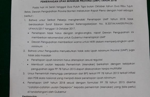 UMP 2018 PROVINSI BANTEN DIUSULKAN Rp. 2.099.385,-