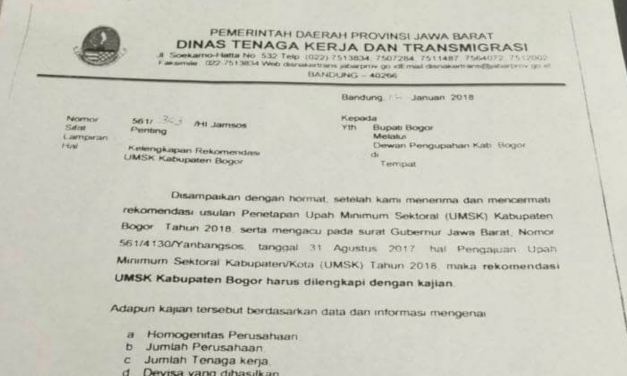 DEPEPROV JABAR  TOLAK REKOMENDASI BUPATI BOGOR TENTANG UPAH ILEGAL