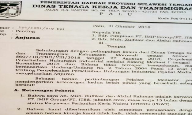 PT INDONESIA TSING SHANG STAINLESS STEEL DIPERINTAHKAN MEMPEKERJAKAN KEMBALI BURUHNYA