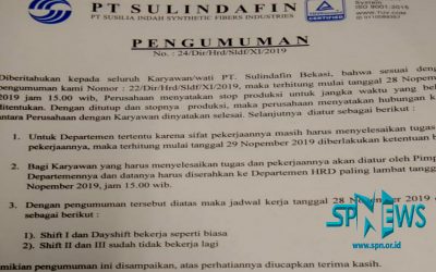 PT SULINDAFIN KABUPATEN BEKASI TUTUP, PEKERJA TUNTUT PESANGON SESUAI ATURAN