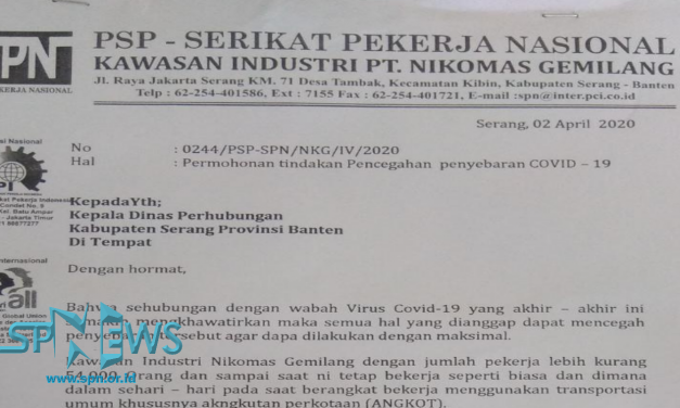 CEGAH PANDEMI CORONA PSP SPN KAWASAN INDUSTRI NIKOMAS GEMILANG MINTA DISHUB SEMPROTKAN DESINFEKTAN KE ANGKOT