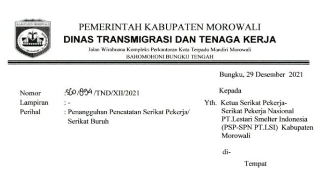 PENCATATAN PSP SPN PT LSI MOROWALI TERHAMBAT KEP.16/MEN/2021 TENTANG TATA CARA PENCATATAN SP/SB