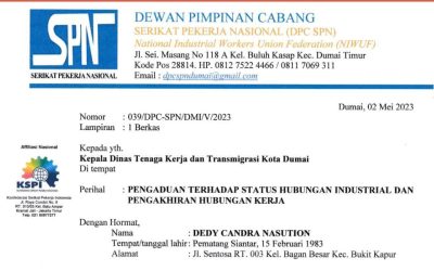 3 KALI UNDANGAN BIPARTIT DIACUHKAN PERUSAHAAN, SPN KOTA DUMAI ADUKAN PERUSAHAAN KE DISNAKER