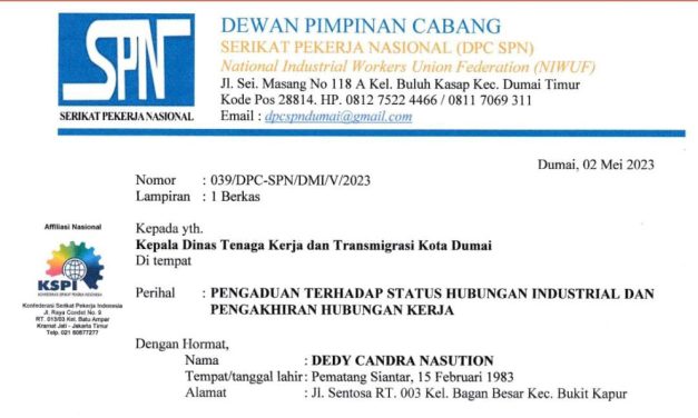 3 KALI UNDANGAN BIPARTIT DIACUHKAN PERUSAHAAN, SPN KOTA DUMAI ADUKAN PERUSAHAAN KE DISNAKER