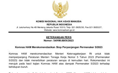 KOMNAS HAM REKOMENDASIKAN STOP PERPANJANGAN PERMENAKER NO 5 TAHUN 2023