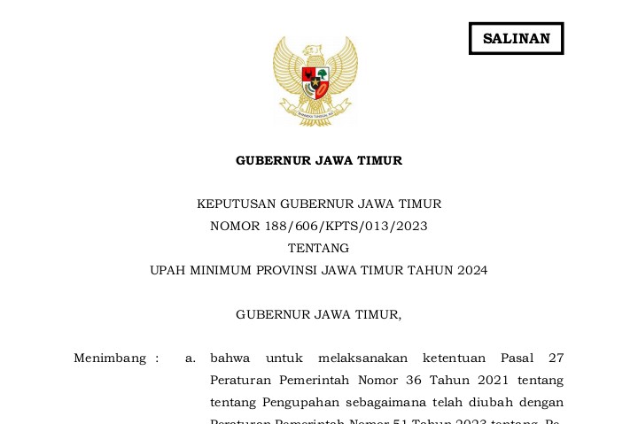 UPAH MINIMUM PROVINSI JAWA TIMUR TAHUN 2024 MENJADI Rp 2.165.244,30 ...